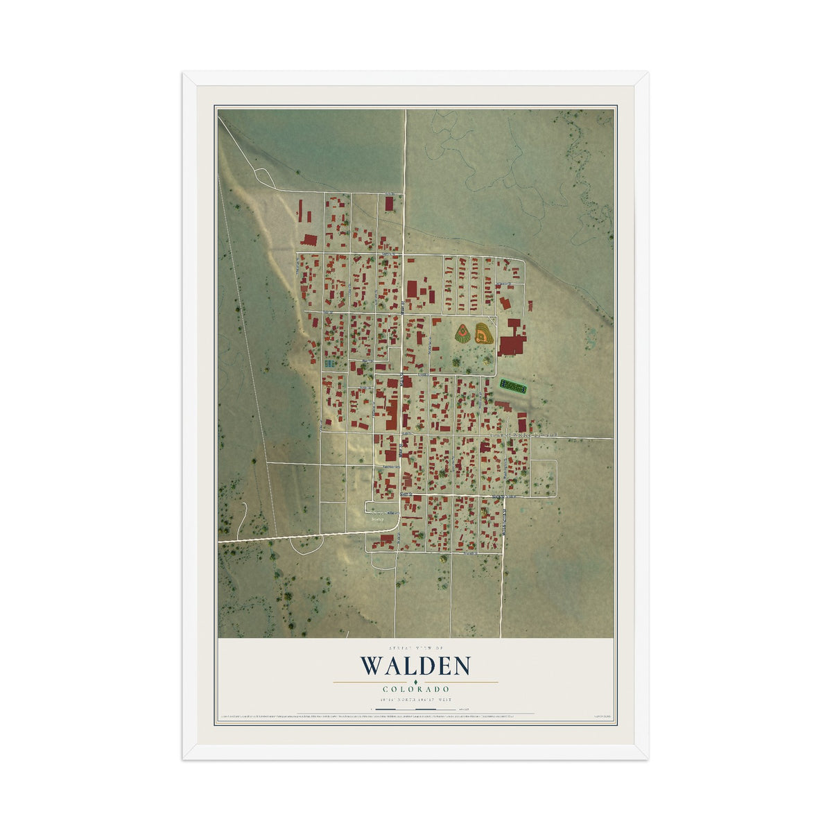 Map of Walden, Colorado, 12 x 18 inch print in a white wood frame