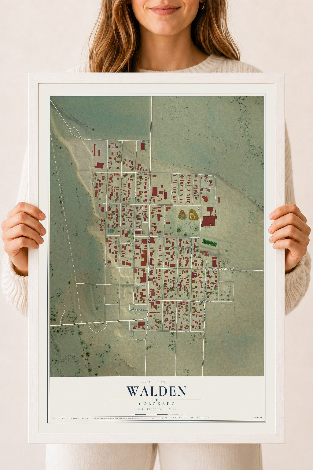 Map of Walden, Colorado, 18 x 24 inch print in a white wood frame