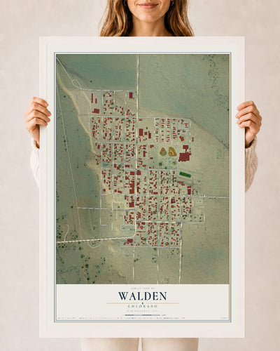 Map of Walden, Colorado, 24 x 36 inch print in a white wood frame