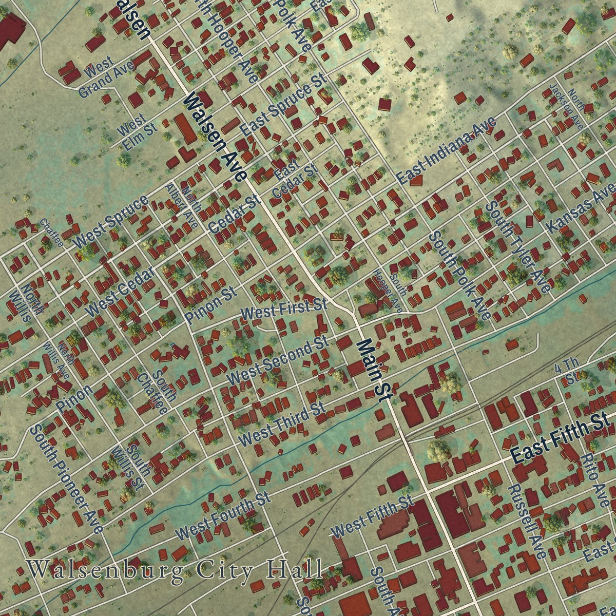 Close-up of the map of Walsenburg, Colorado print showing street and building detail