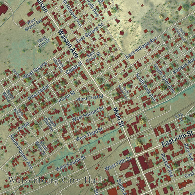 Close-up of the map of Walsenburg, Colorado print showing street and building detail
