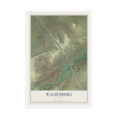 Map of Walsenburg, Colorado, 12 x 18 inch print in a white wood frame