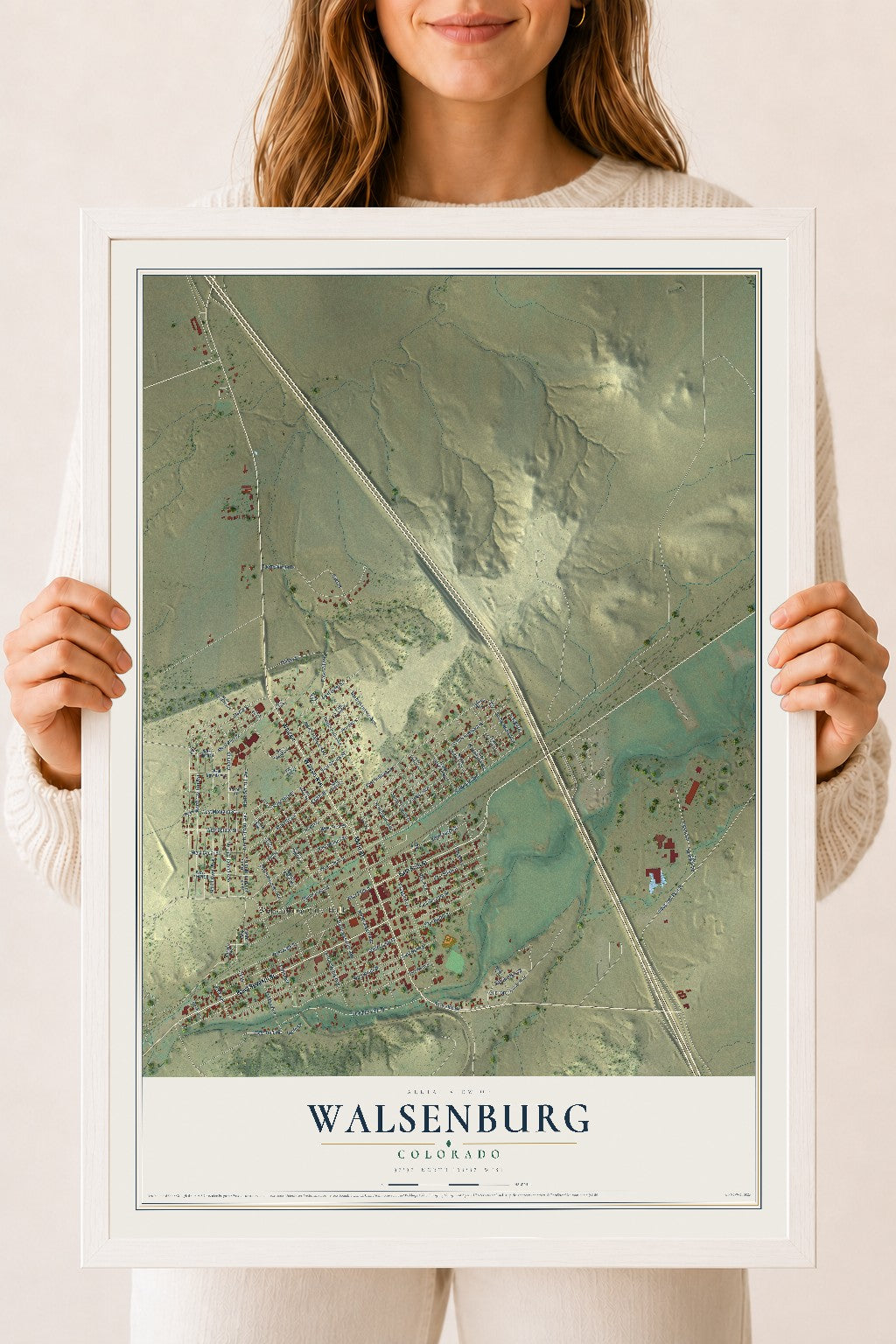 Map of Walsenburg, Colorado, 18 x 24 inch print in a white wood frame