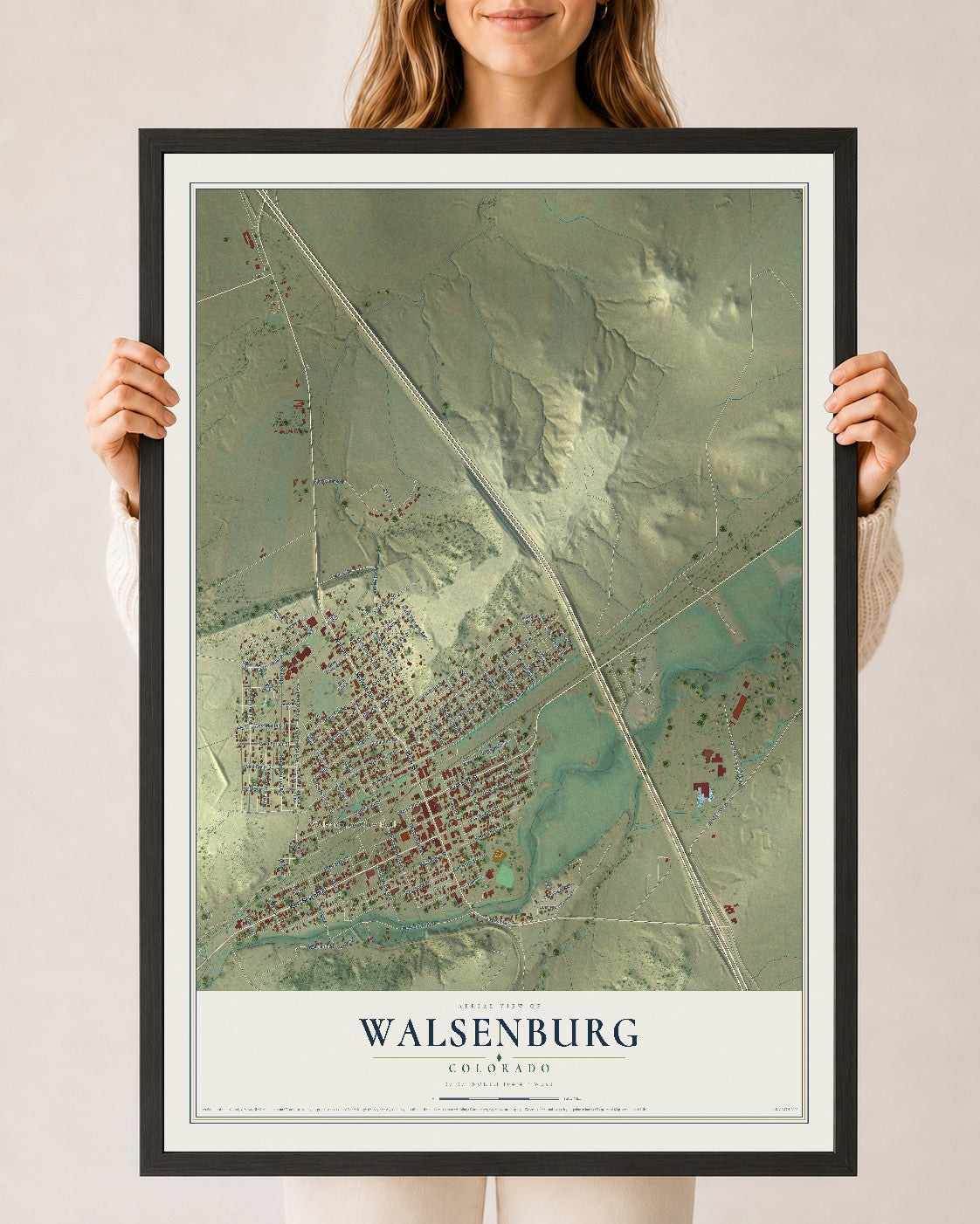 Map of Walsenburg, Colorado, 24 x 36 inch print in a black wood frame