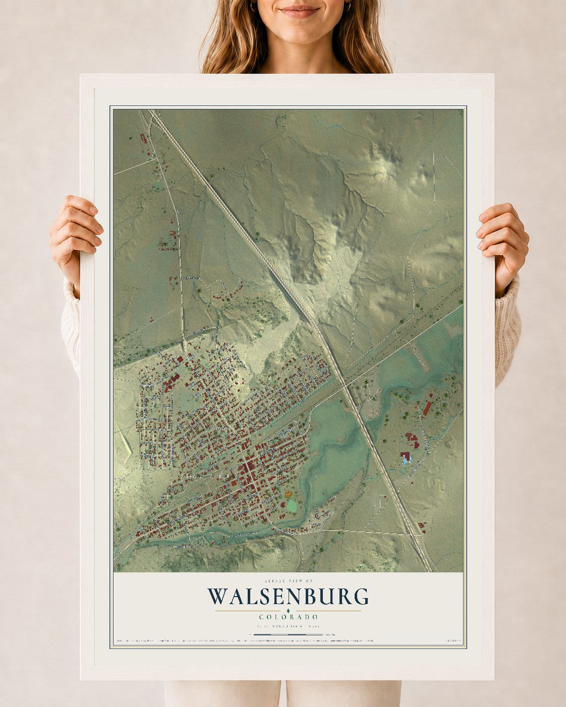Map of Walsenburg, Colorado, 24 x 36 inch print in a white wood frame