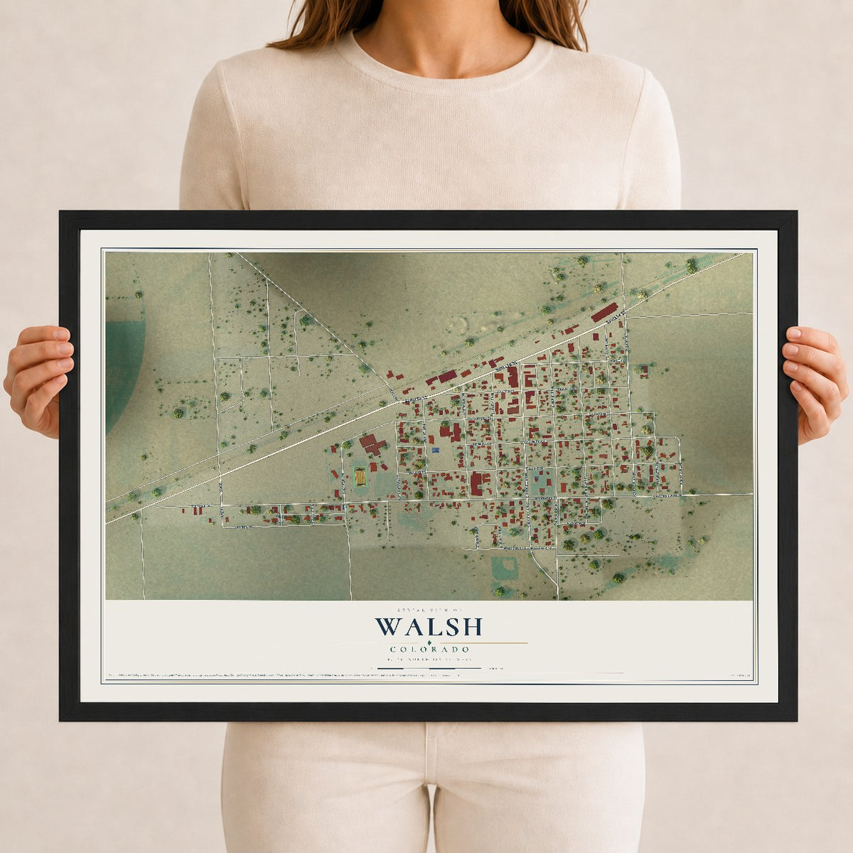 Map of Walsh, Colorado, 12 x 18 inch print in a black wood frame