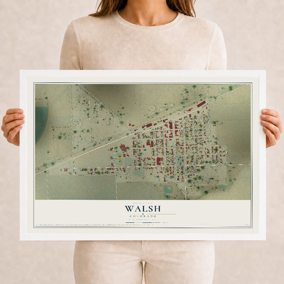 Map of Walsh, Colorado, 12 x 18 inch print in a white wood frame