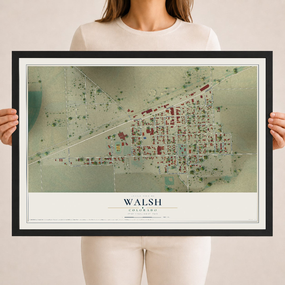 Map of Walsh, Colorado, 18 x 24 inch print in a black wood frame