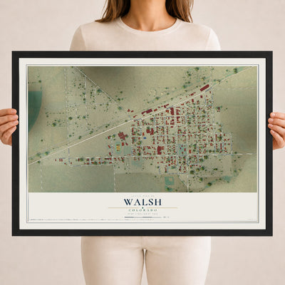 Map of Walsh, Colorado, 18 x 24 inch print in a black wood frame