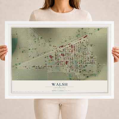 Map of Walsh, Colorado, 18 x 24 inch print in a white wood frame