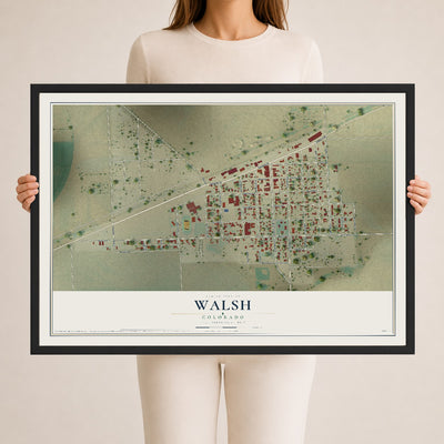 Map of Walsh, Colorado, 24 x 36 inch print in a black wood frame