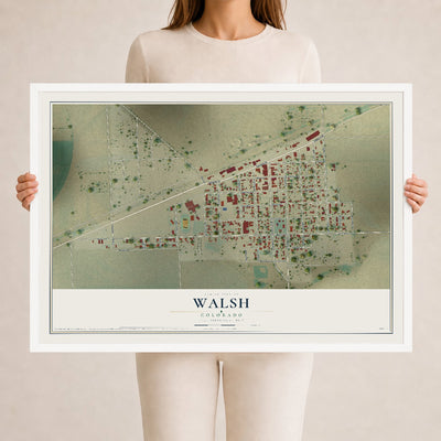Map of Walsh, Colorado, 24 x 36 inch print in a white wood frame