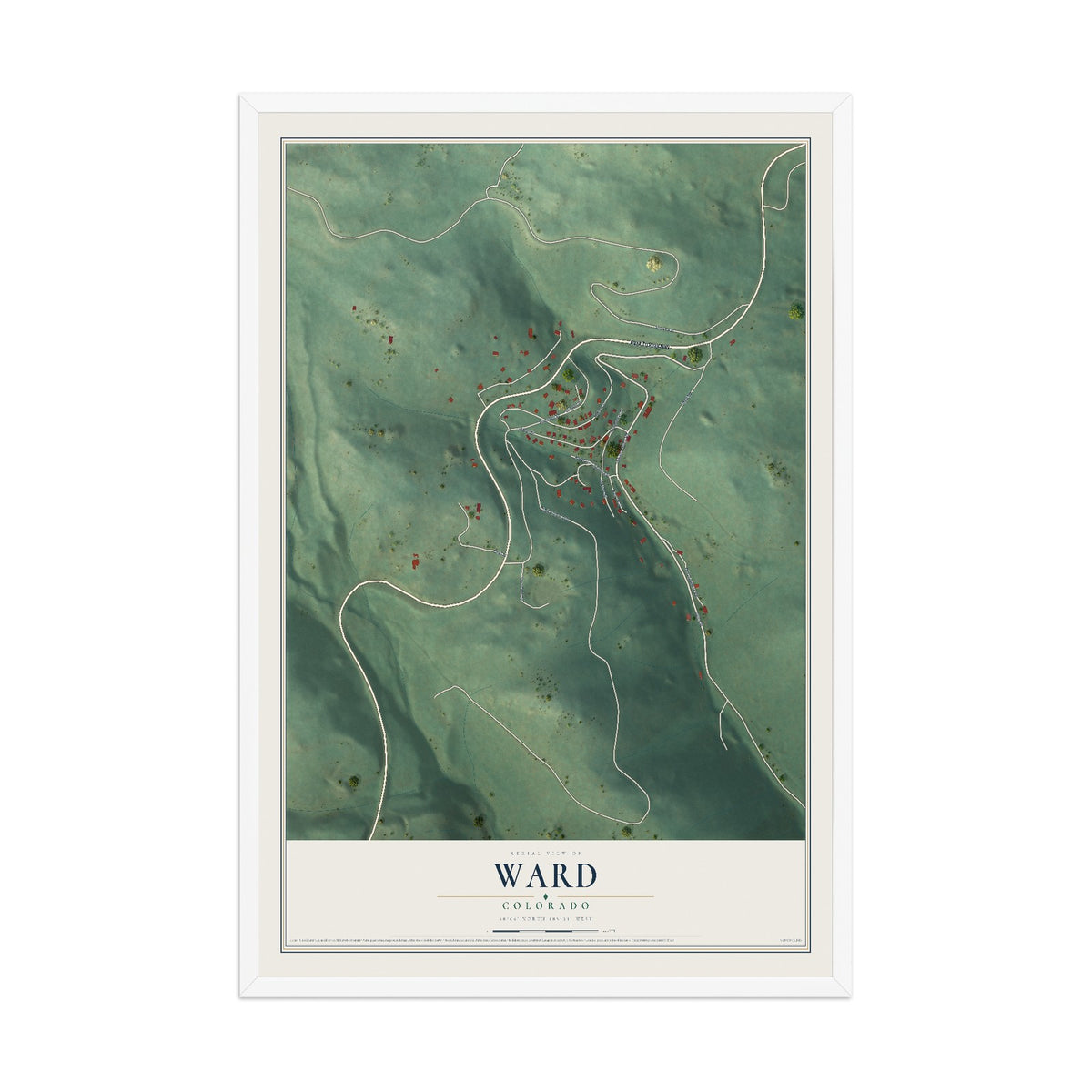 Map of Ward, Colorado, 12 x 18 inch print in a white wood frame