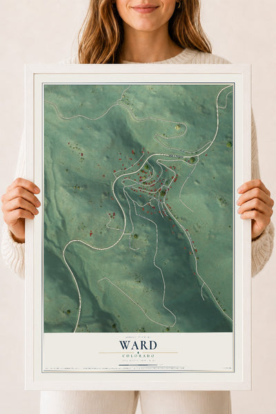 Map of Ward, Colorado, 18 x 24 inch print in a white wood frame