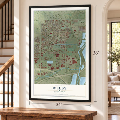 Welby, Colorado map, 24 x 36 inch print in a black frame by a staircase