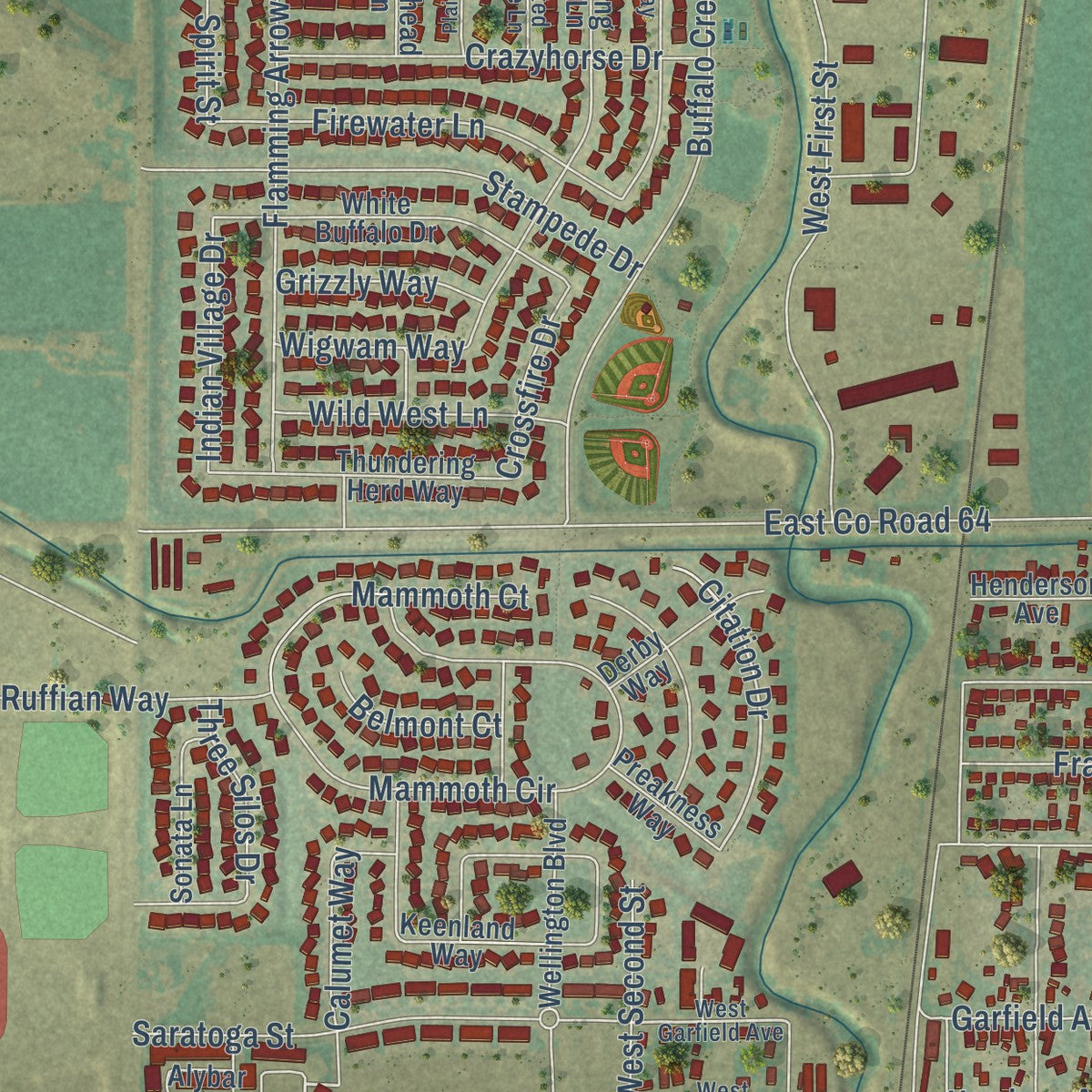 Second close-up of the map of Wellington, Colorado print showing more streets and buildings