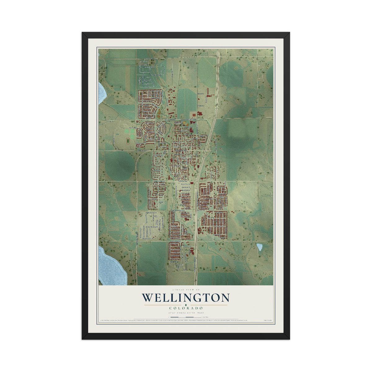 Map of Wellington, Colorado, 12 x 18 inch print in a black wood frame