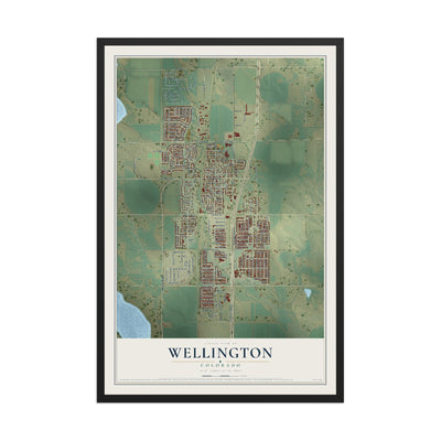 Map of Wellington, Colorado, 12 x 18 inch print in a black wood frame