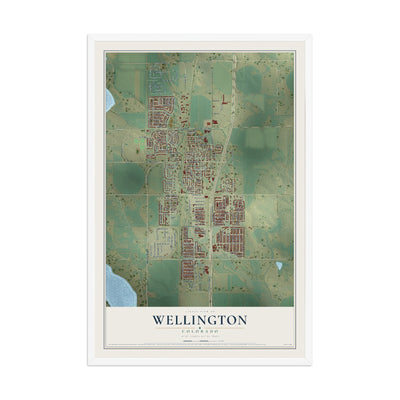 Map of Wellington, Colorado, 12 x 18 inch print in a white wood frame