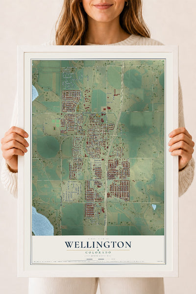 Map of Wellington, Colorado, 18 x 24 inch print in a white wood frame