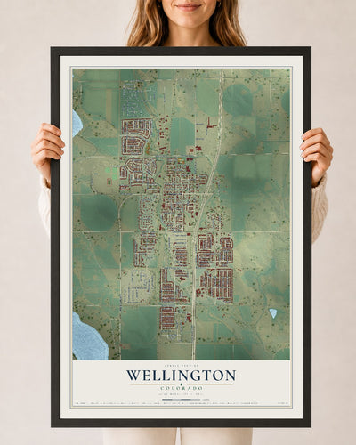 Map of Wellington, Colorado, 24 x 36 inch print in a black wood frame