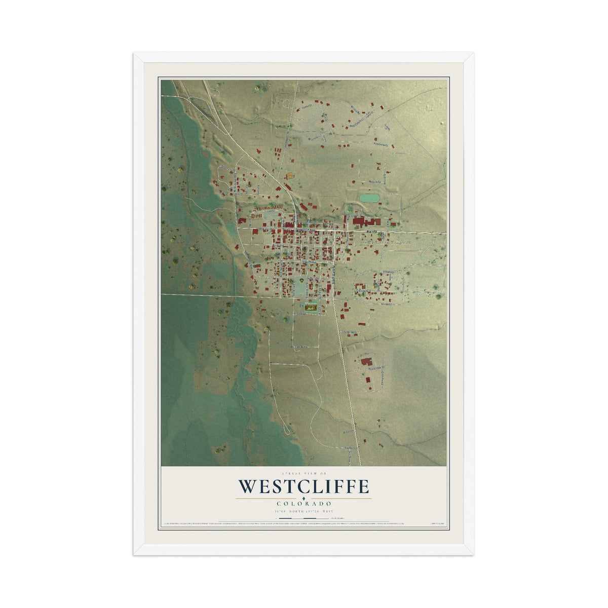 Map of Westcliffe, Colorado, 12 x 18 inch print in a white wood frame