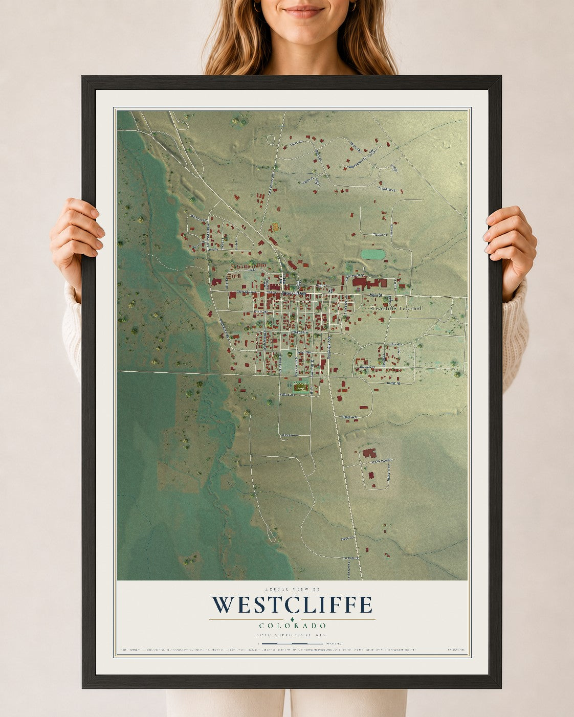 Map of Westcliffe, Colorado, 24 x 36 inch print in a black wood frame