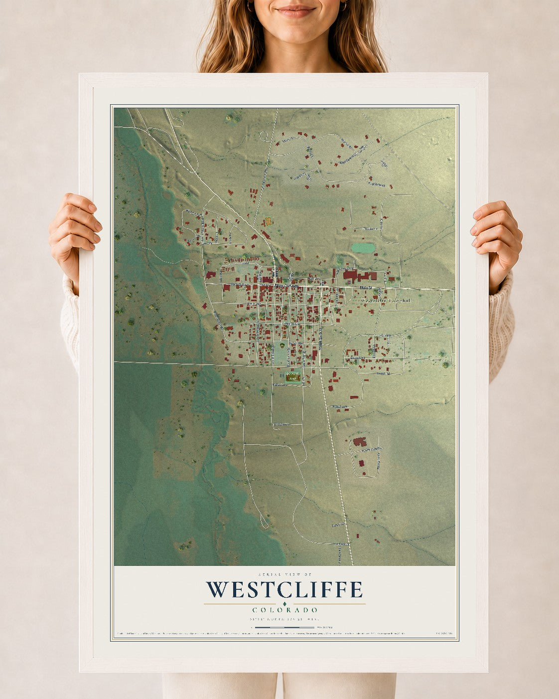Map of Westcliffe, Colorado, 24 x 36 inch print in a white wood frame