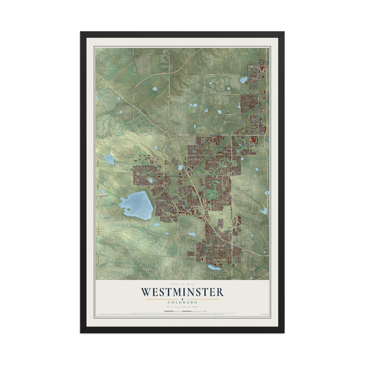 Map of Westminster, Colorado, 12 x 18 inch print in a black wood frame
