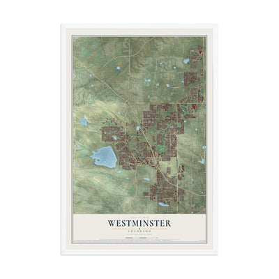 Map of Westminster, Colorado, 12 x 18 inch print in a white wood frame