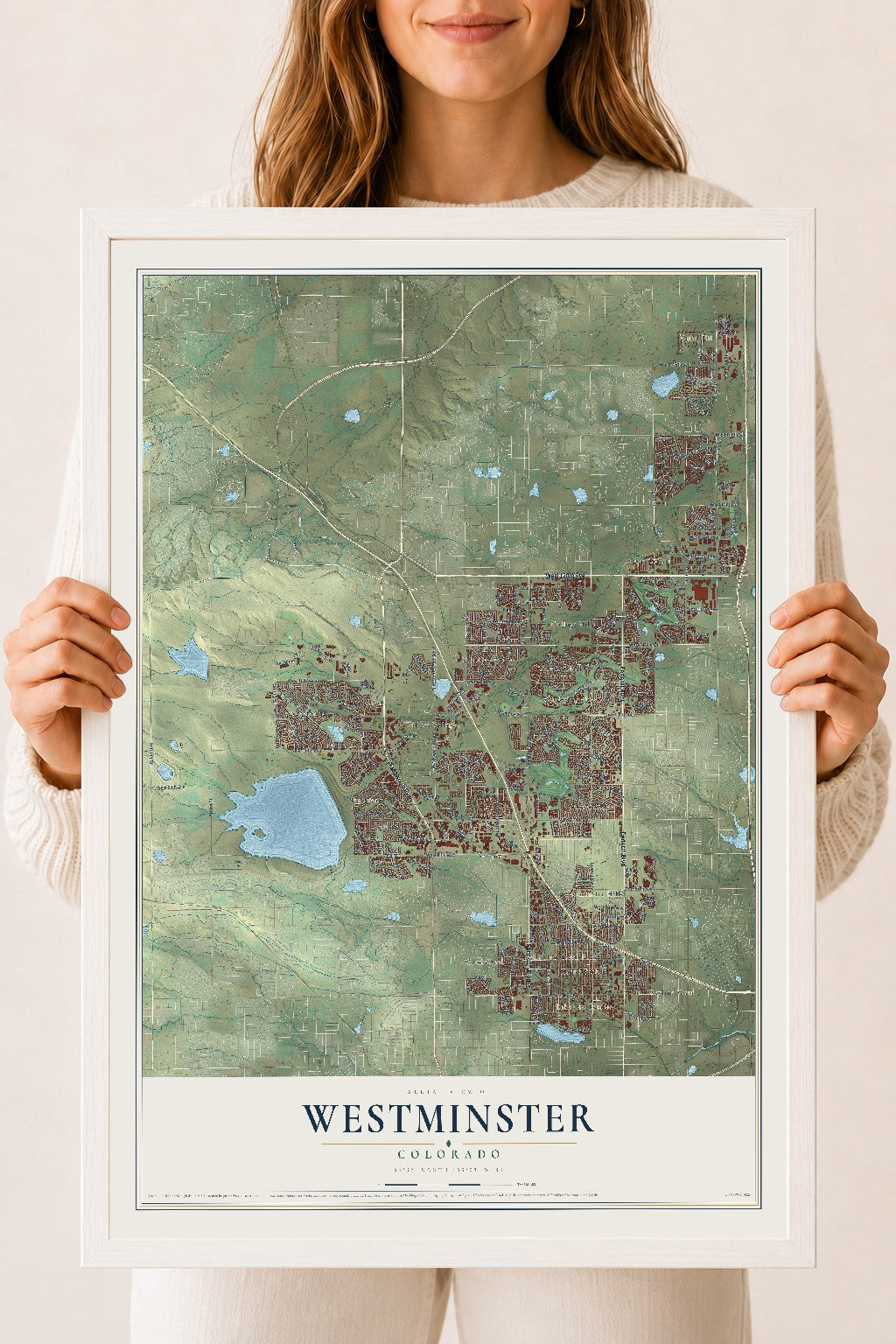 Map of Westminster, Colorado, 18 x 24 inch print in a white wood frame