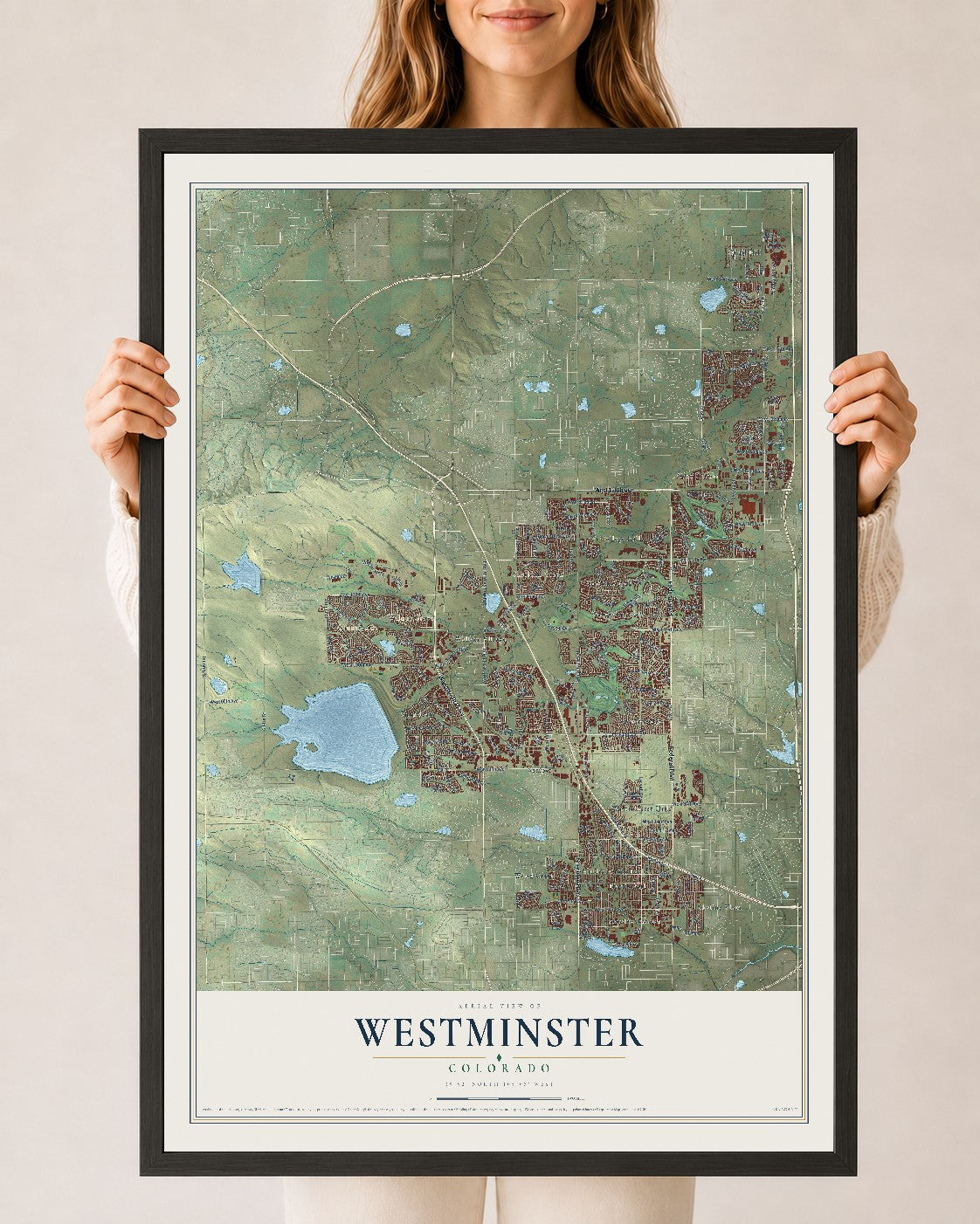 Map of Westminster, Colorado, 24 x 36 inch print in a black wood frame