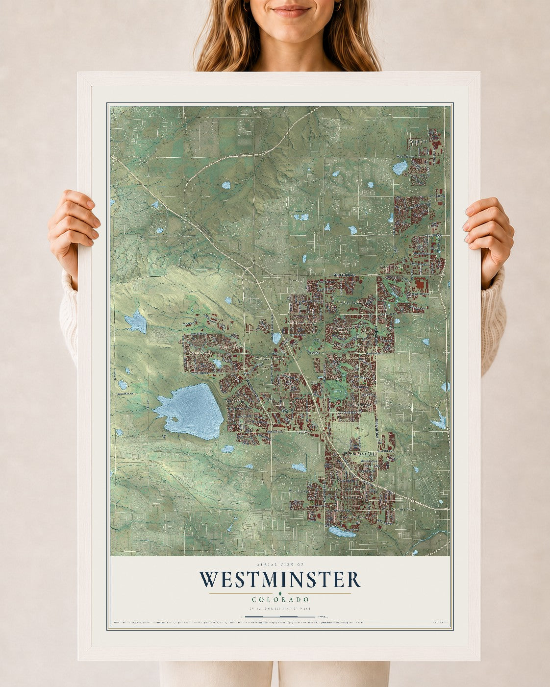 Map of Westminster, Colorado, 24 x 36 inch print in a white wood frame