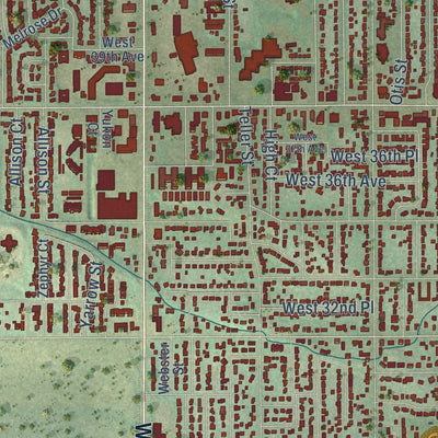 Close-up of the map of Wheat Ridge, Colorado print showing street and building detail