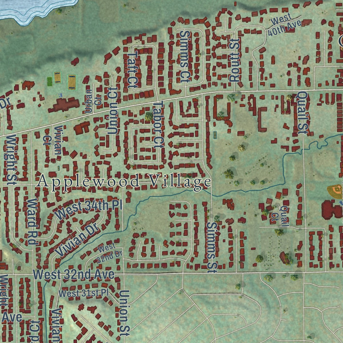 Second close-up of the map of Wheat Ridge, Colorado print showing more streets and buildings