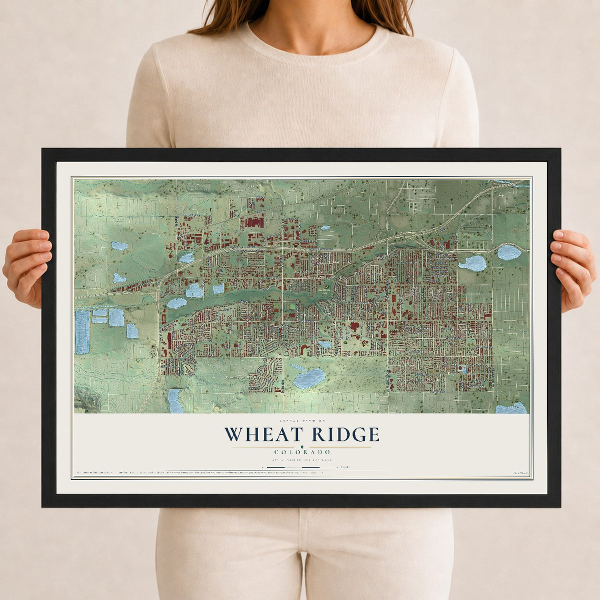 Map of Wheat Ridge, Colorado, 12 x 18 inch print in a black wood frame