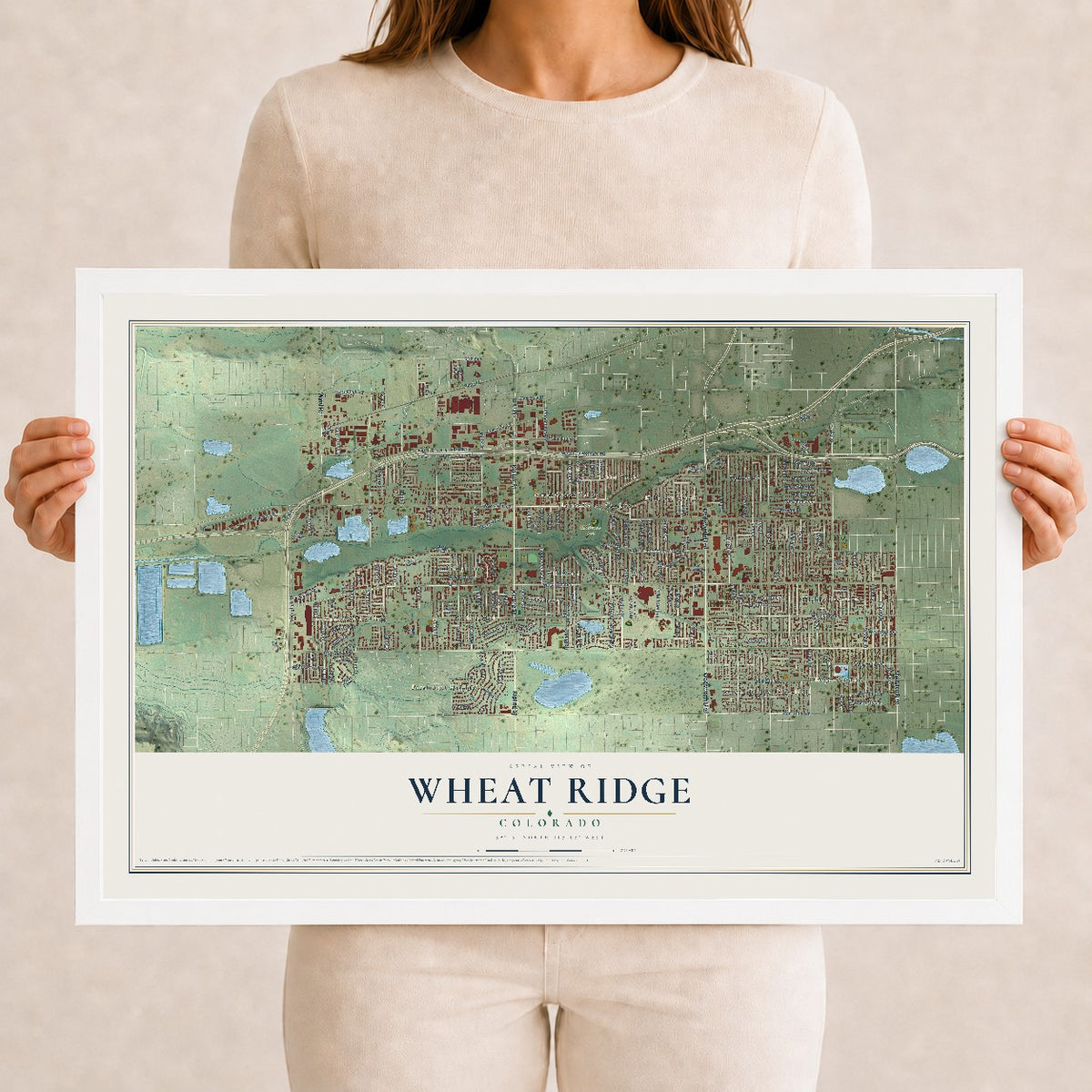 Map of Wheat Ridge, Colorado, 12 x 18 inch print in a white wood frame