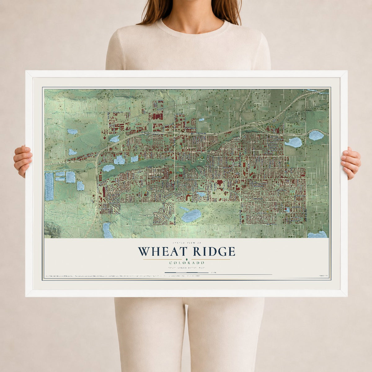Map of Wheat Ridge, Colorado, 24 x 36 inch print in a white wood frame