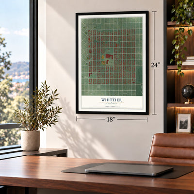 Whittier, Colorado map, 18 x 24 inch print in a black frame in a home office