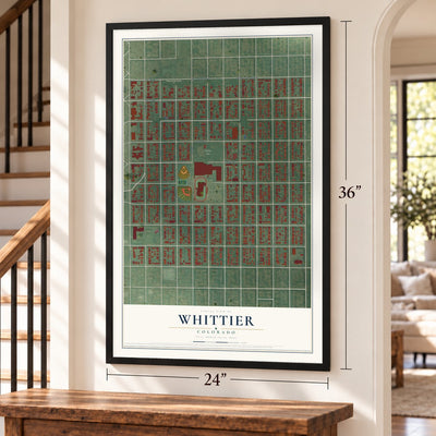 Whittier, Colorado map, 24 x 36 inch print in a black frame by a staircase