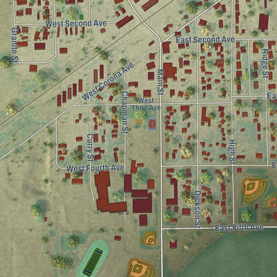 Close-up of the map of Wiggins, Colorado print showing street and building detail