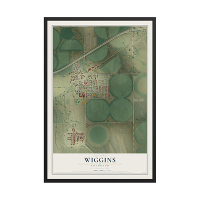 Map of Wiggins, Colorado, 12 x 18 inch print in a black wood frame