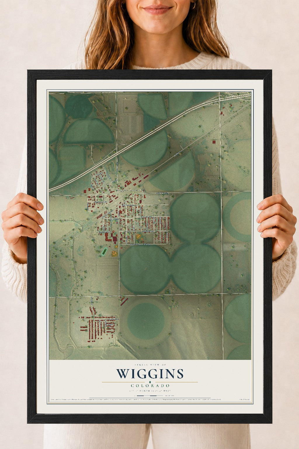 Map of Wiggins, Colorado, 18 x 24 inch print in a black wood frame