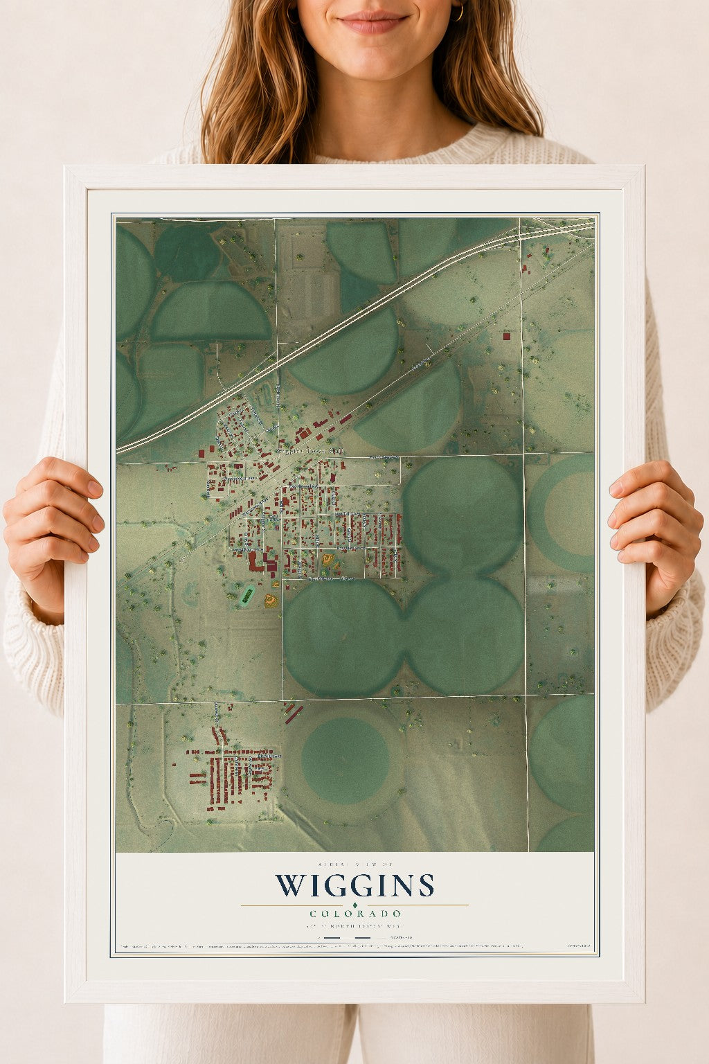 Map of Wiggins, Colorado, 18 x 24 inch print in a white wood frame