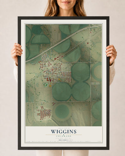 Map of Wiggins, Colorado, 24 x 36 inch print in a black wood frame