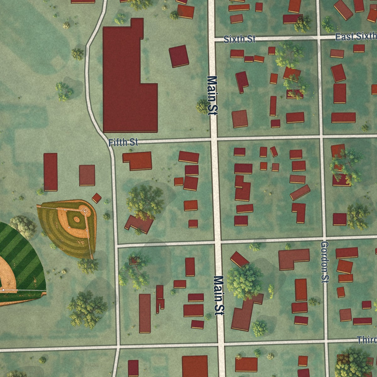 Close-up of the map of Wiley, Colorado print showing street and building detail