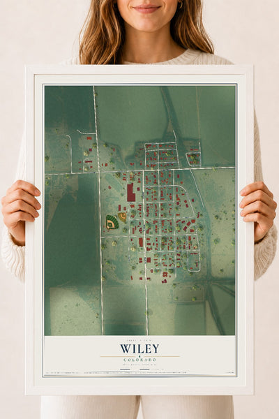 Map of Wiley, Colorado, 18 x 24 inch print in a white wood frame