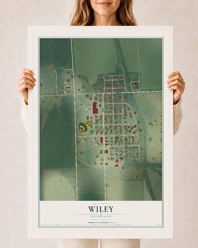 Map of Wiley, Colorado, 24 x 36 inch print in a white wood frame