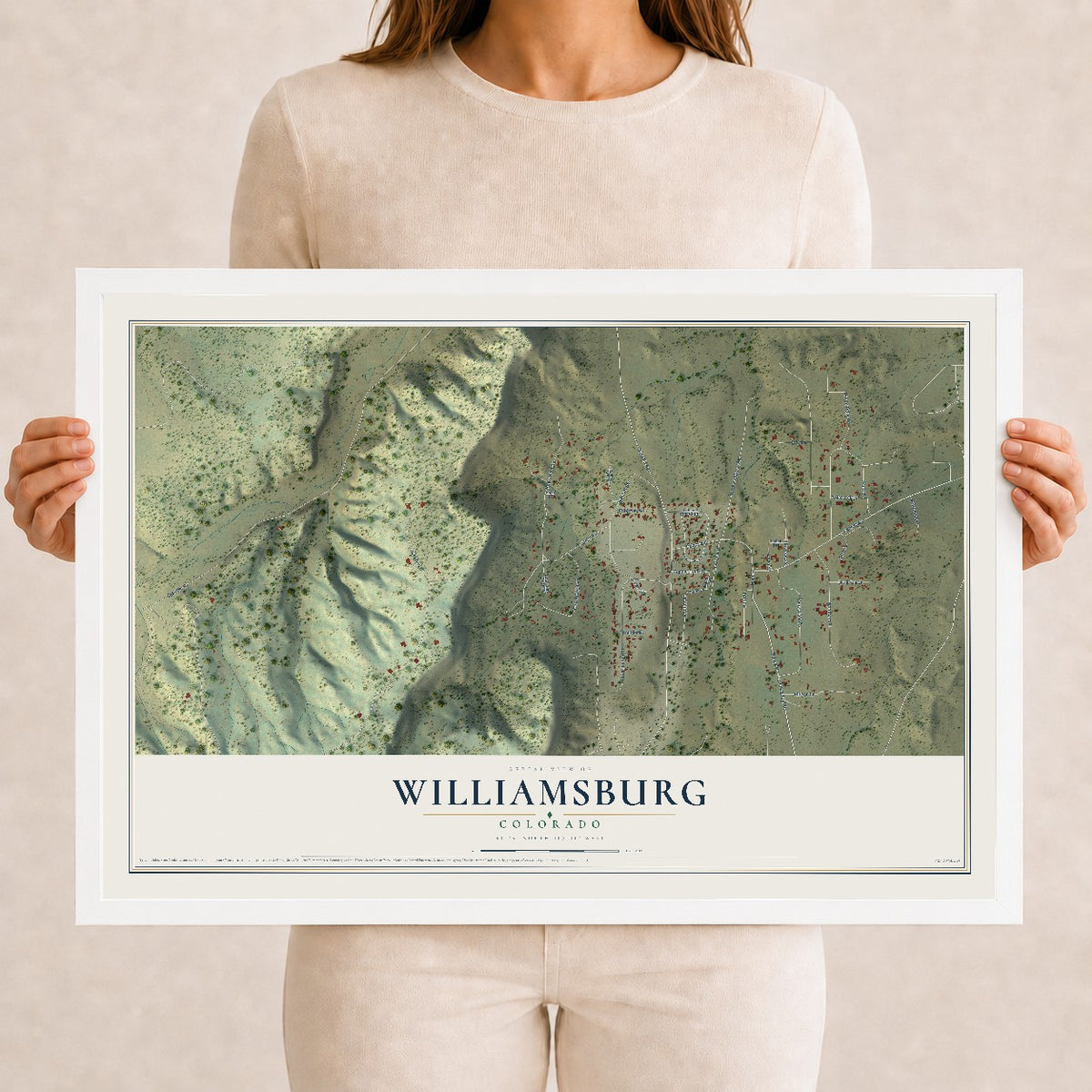 Map of Williamsburg, Colorado, 12 x 18 inch print in a white wood frame