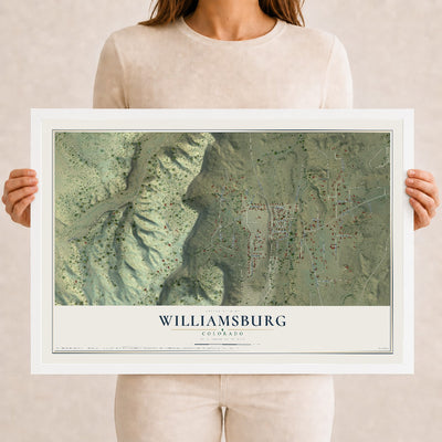 Map of Williamsburg, Colorado, 12 x 18 inch print in a white wood frame